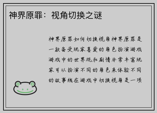 神界原罪：视角切换之谜