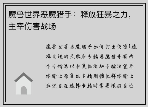 魔兽世界恶魔猎手：释放狂暴之力，主宰伤害战场